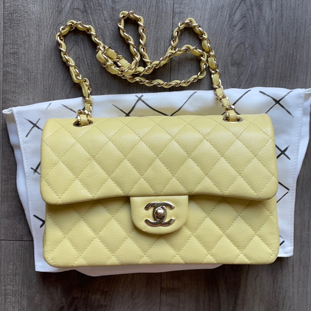 Chanel small classic bag caviar yellow leather
